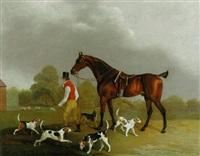 Edwin cooper a huntsman leading a bay hunter with hounds outside kennels