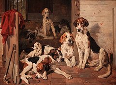 Foxhounds and terrier in a stable interior john emms