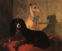 Sir edwin henry landseer a whippet and a king charles spaniel on a red cushion