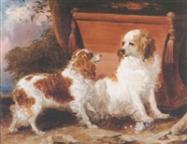 Sir edwin henry landseer two brown and white spaniels beside a velvet covered box stool in a landscape
